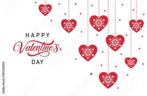 Happy Valentine's Day vector illustration features hanging red hearts with sparkling stars on a white background, elegant script text, and festive design perfect for greetings, card.