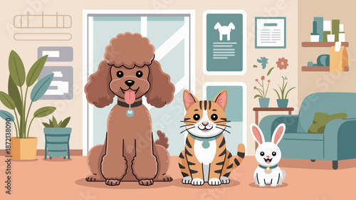  Group of Pets in a Veterinary or Grooming Waiting Area