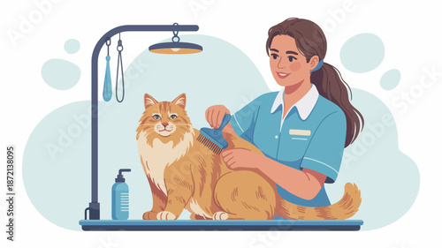  Professional Groomer Brushing a Long-Haired Ginger Cat