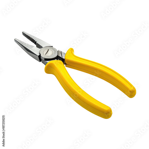 Steel needle-nose pliers with bright yellow cushioned handles, isolated