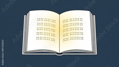 An open book with braille text on the pages against a dark blue background with reading and education and learning and accessibility and literacy