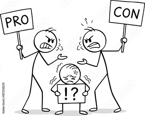 Stick figures debating with confused person.