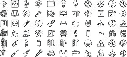 Large collection of electric energy line icons showing power tools, renewable sources, safety symbols, wiring components, utilities, batteries, and industrial technology elements