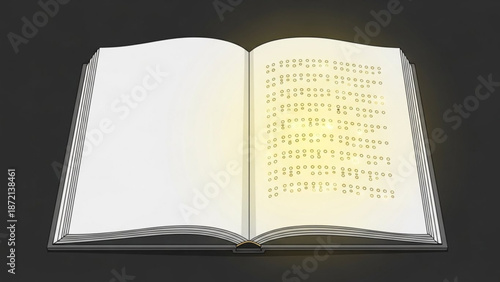 An open book with braille writing on one page against a dark background with tactile writing and accessibility and education and learning and literature