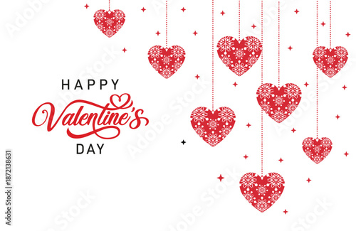 Happy Valentine's Day vector illustration features hanging red hearts with sparkling stars on a white background, elegant script text, and festive design perfect for greetings, card.