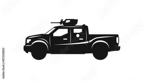 Black silhouette of a pickup truck with a kayak on the roof.