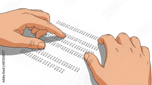 Hands reading braille text on a white background in a close up view with detailed fingers and braille dots with Accessibility and Disability