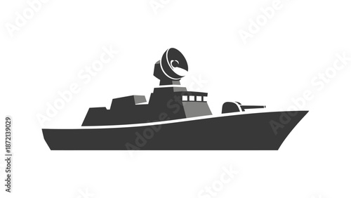 Simple black and white illustration of a naval vessel with radar equipment.