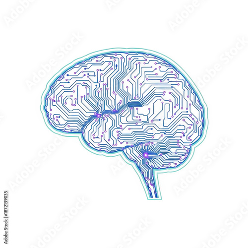 Digital brain circuit board illustration isolated on transparent background