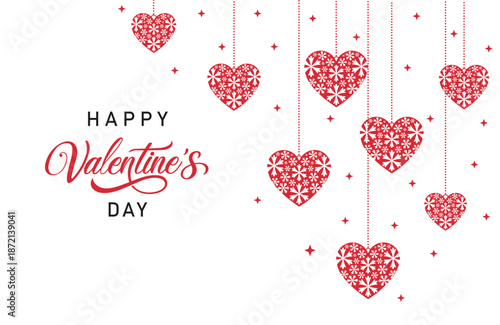 Happy Valentine's Day vector illustration features hanging red hearts with sparkling stars on a white background, elegant script text, and festive design perfect for greetings, card.
