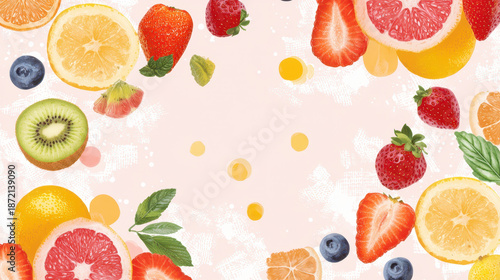 Vibrant fruit salad featuring strawberries, blueberries, kiwi, and citrus slices, creating refreshing and colorful display
