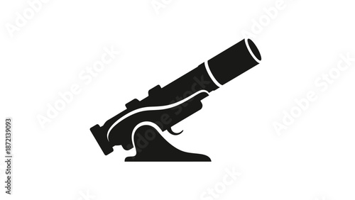 Simple black and white illustration of a telescope on a stand.