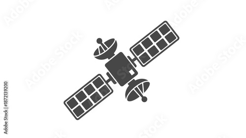 Simple black and white illustration of a satellite in space with solar panels and antennas.