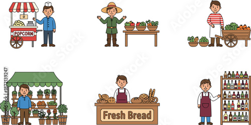 Market vendor illustration set featuring farmers, bakers, florists, and street sellers displaying fresh produce, bread, flowers, beverages, and popcorn stands