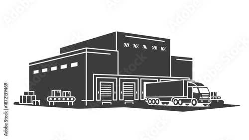 Industrial warehouse with truck and storage containers.