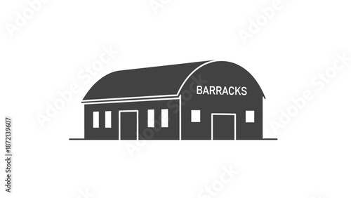 Simple black and white graphic of a barracks building.