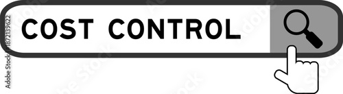 Search banner in word cost control with hand over magnifier icon on white background