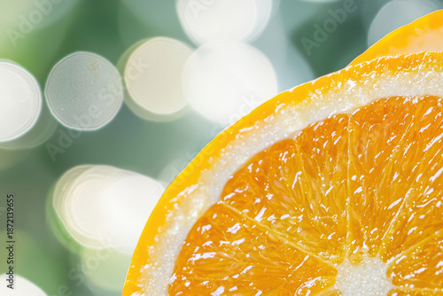 Juicy orange slice with vibrant color and texture, showcasing freshness and natural beauty against blurred background