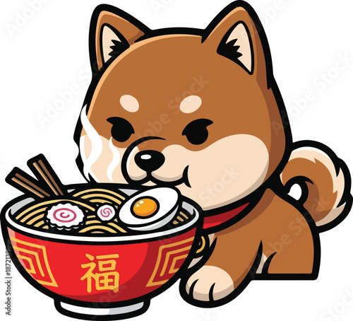 Shiba Inu Dog Eating Ramen Noodles.