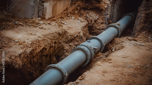Wallpaper Mural Underground pipeline installation. Grey pipe nestled in a trench, surrounded by earthy tones. Connecting elements ensure a secure construction. A crucial part of the infrastucture. Torontodigital.ca