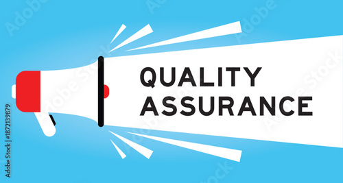Color megaphone icon with word quality assurance in white banner on blue background