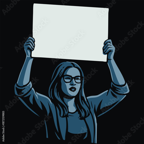 Vector illustration of woman holding signs, banner and placards on a protest demostration or picket. People against violence, pollution, descrimination, human rights violation.