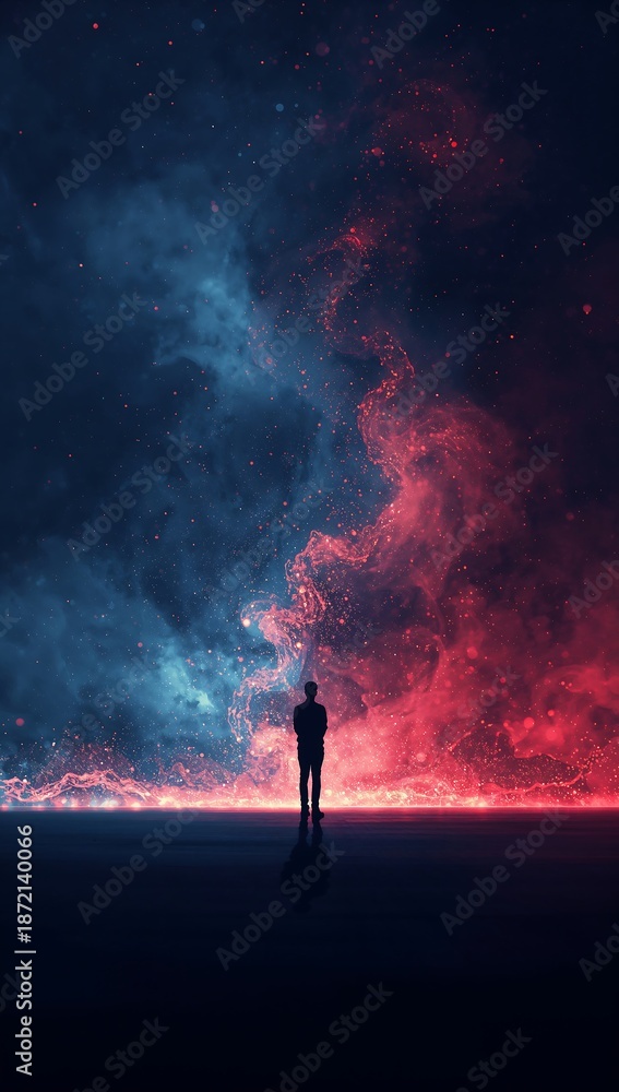 Fototapeta premium Lone figure silhouetted against a dramatic cosmic nebula of red and blue hues