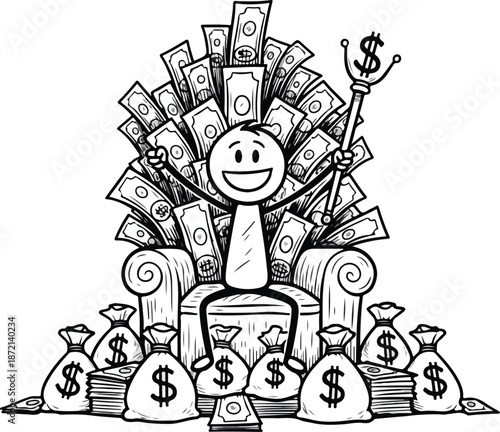 Cartoon Character Sitting on Throne with Money.