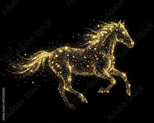 Abstract golden dust horse silhouette galloping on black background, magical luxury chinese new year concept.
