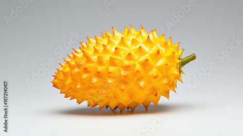 Ripe yellow soursop with spiky exterior, showcasing its unique texture and vibrant color, stands out beautifully against neutral background