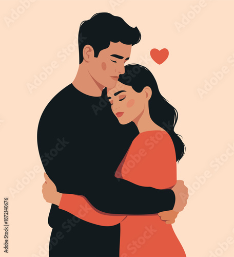 A vector illustration of a man and woman in love, hugging, smiling tenderly, and with their eyes closed. Perfect for romance, Valentine's Day, relationships, family, mental health, social media posts