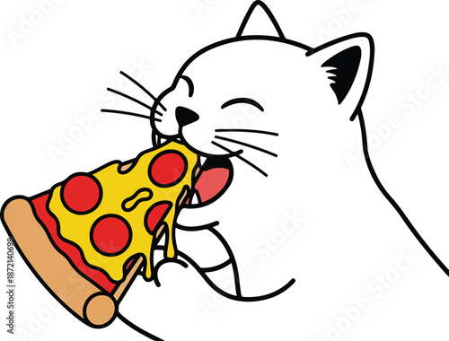 White Cat Eating Slice of Pepperoni Pizza.