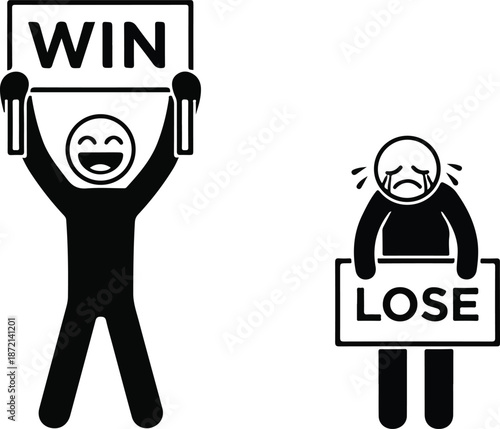 Cartoon Characters Showing Win and Lose Signs.