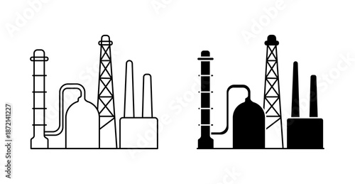 Oil Refinery Icon with Petroleum Processing and Industrial Energy Symbol