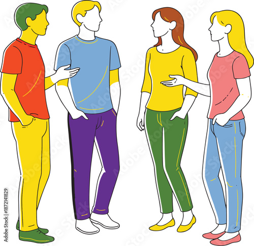 four people talking to each other in casual clothes