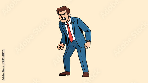 Angry Businessman in Suit with Fists Clenched and Furious Expression.