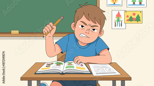 Angry boy at desk with book and pencil in classroom.