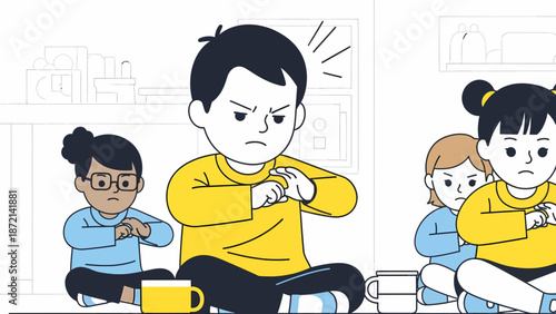 Angry children sitting crosslegged in a classroom setting.