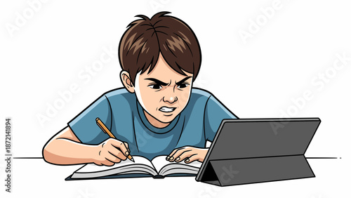 Boy intensely studying with tablet and notebook focused on learning.