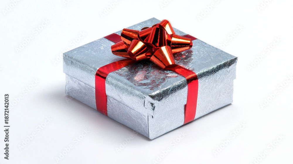 Fototapeta premium Shiny silver gift box adorned with vibrant red bow and ribbon, perfect for celebrations and special occasions
