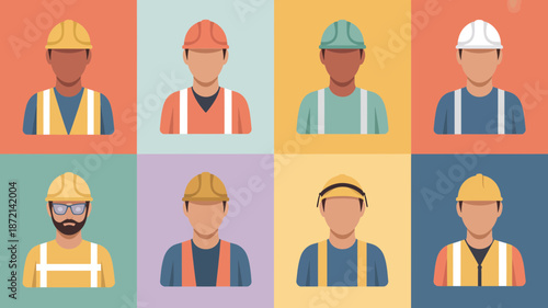 Diverse construction workers, hard hats, safety vests, job roles, vector icons