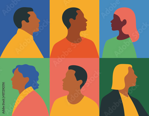 Diverse people profiles, minimalist flat vector illustration, global community