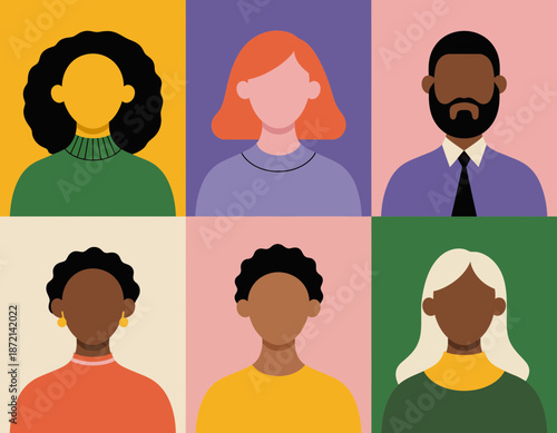 Diverse group of people in flat design illustration, multi-ethnic portraits