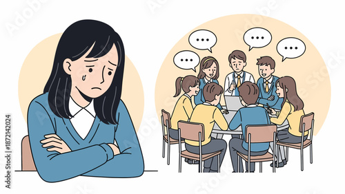 Illustration of a sad woman excluded from a group discussion.