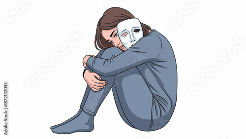 Isolated Woman Embracing Mask A Depiction of Hidden Emotions and Identity.