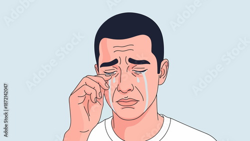 Man Crying with Tears Streaming Down His Face in Distress.