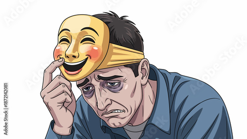 Man Hiding Sadness Behind a Happy Mask Emotional Turmoil.