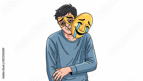 Man Hiding Sadness Behind a Happy Mask Illustration.