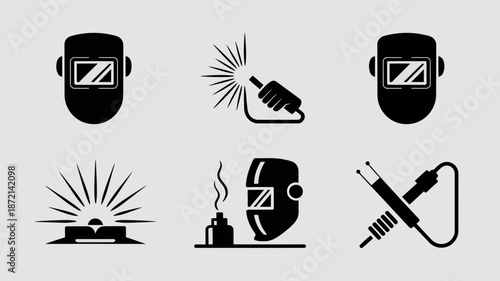Professional welding tools, equipment, and safety gear vector icons set