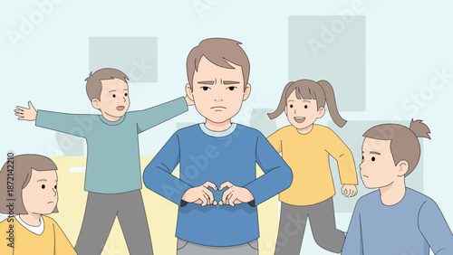 Man surrounded by children with an upset expression.